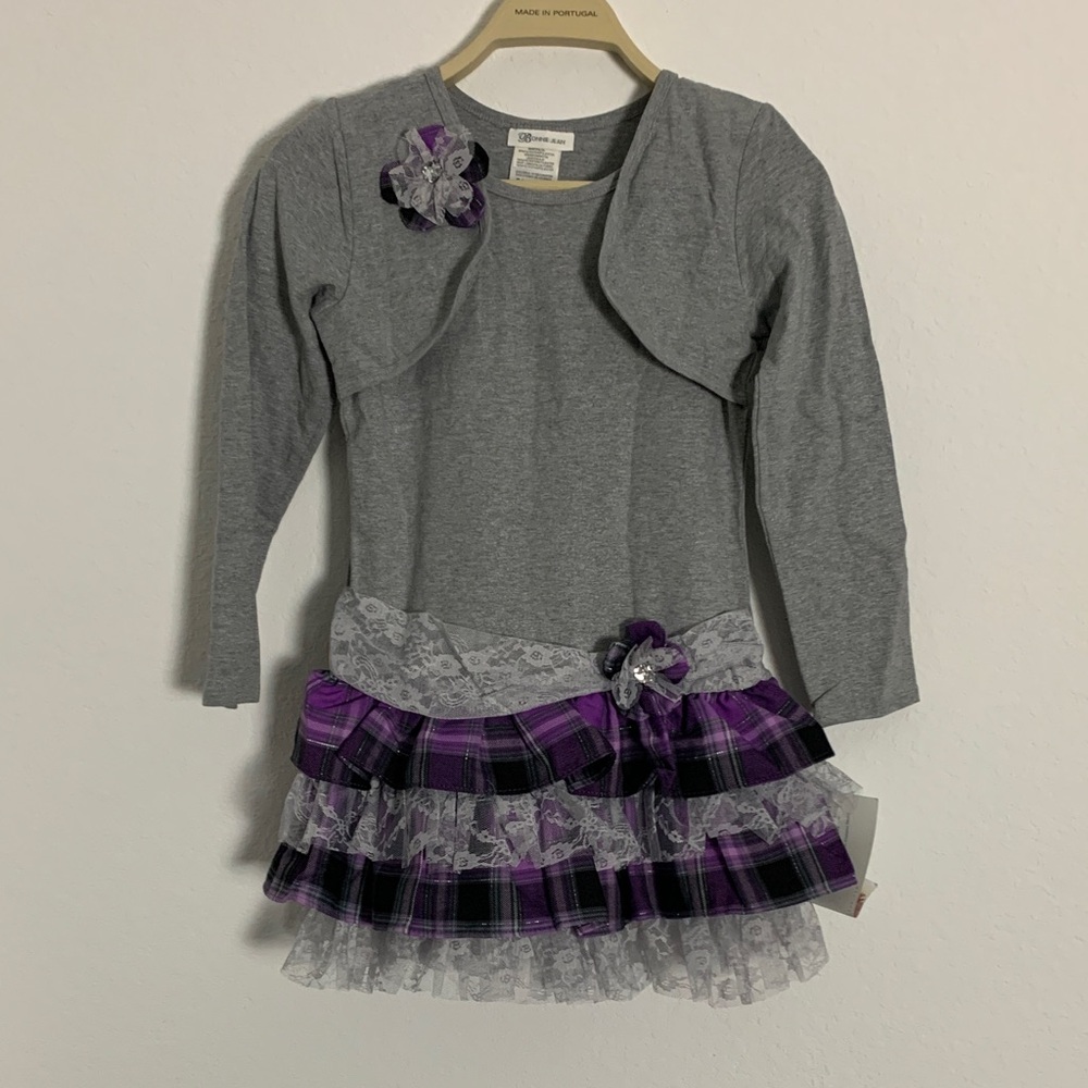 Bonnie Jean Gray Dress with Purple Plaid Layers